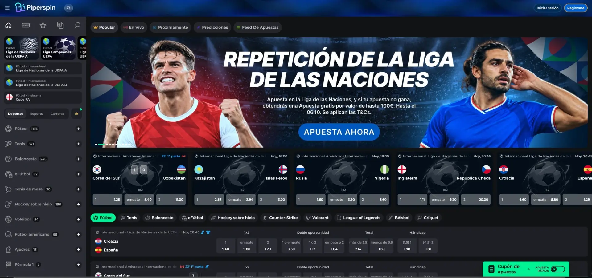 Sección de apuestas deportivas de Piperspin