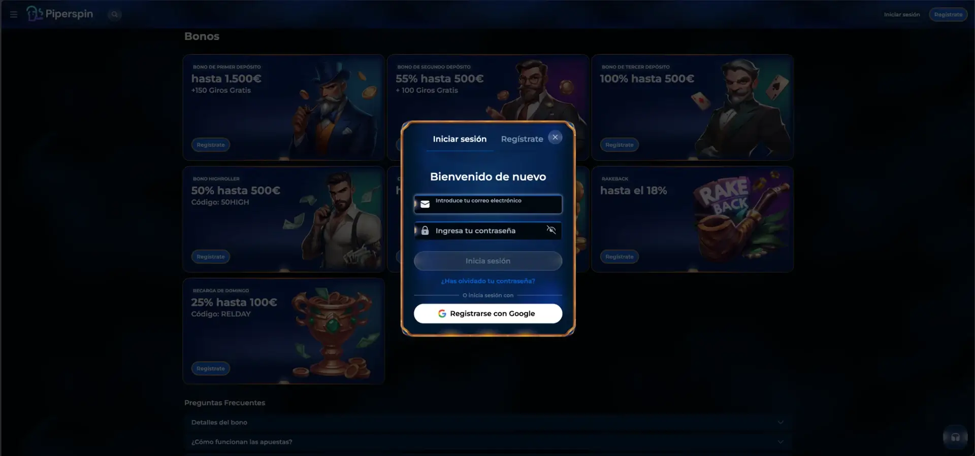 Piperspin Login - interfaz de Piperspin